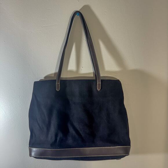 St. John's Bay Black Canvas Tote Bag | Brown Leather Trim | Y2K Minimalist - Picture 2 of 8
